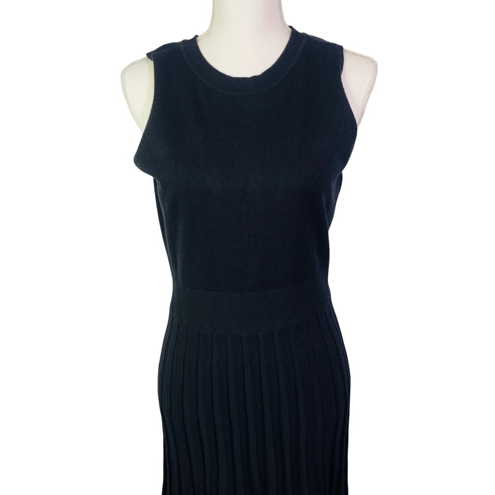 Black Sleeveless Maxi Dress Women's M Knit Pleated Crew Neck Solid Minimalist - Picture 2 of 15